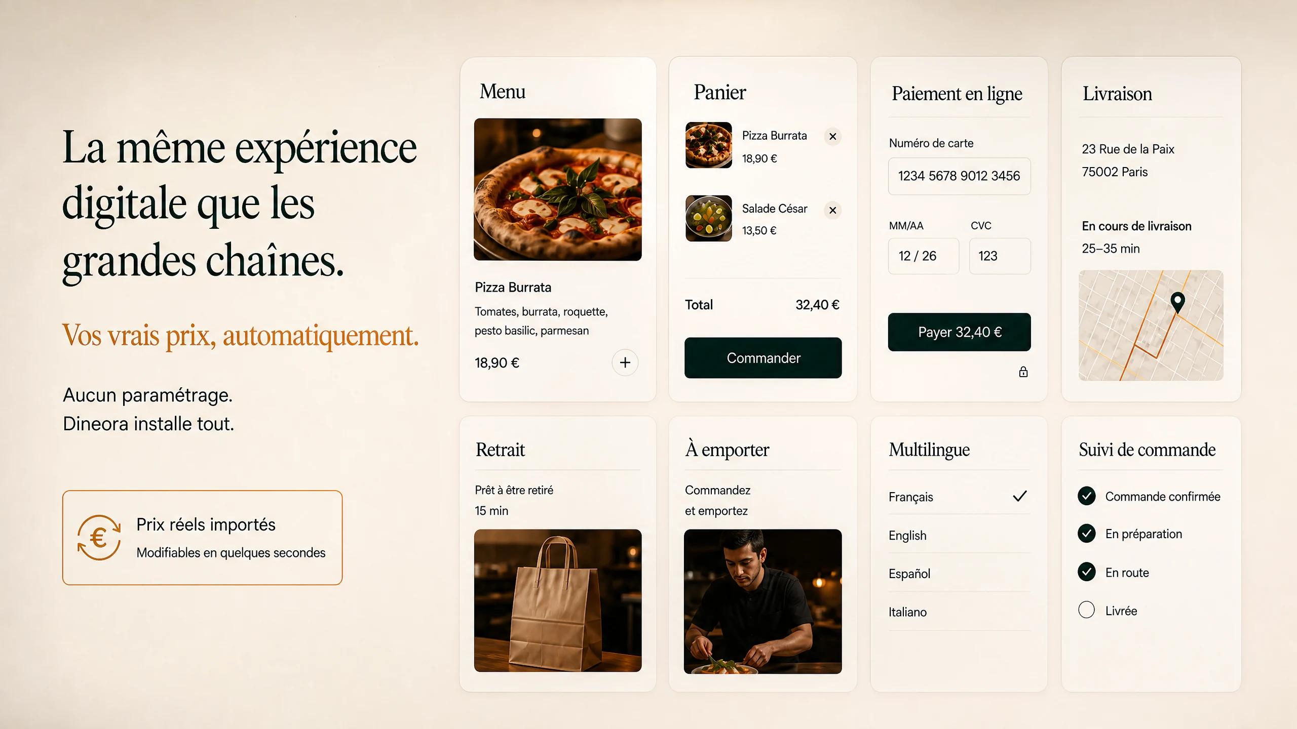 La meme experience digitale que les grandes chaines : menu, panier, paiement en ligne, livraison, retrait, a emporter, multilingue et suivi de commande.