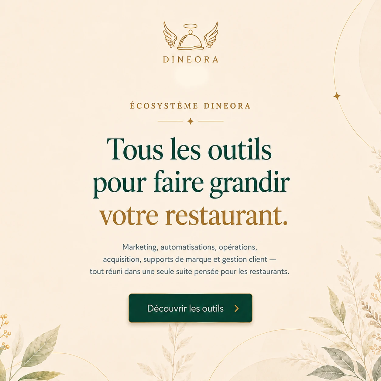 Ecosysteme Dineora : tous les outils pour faire grandir votre restaurant — marketing, automatisations, operations, acquisition, supports de marque et gestion client.
