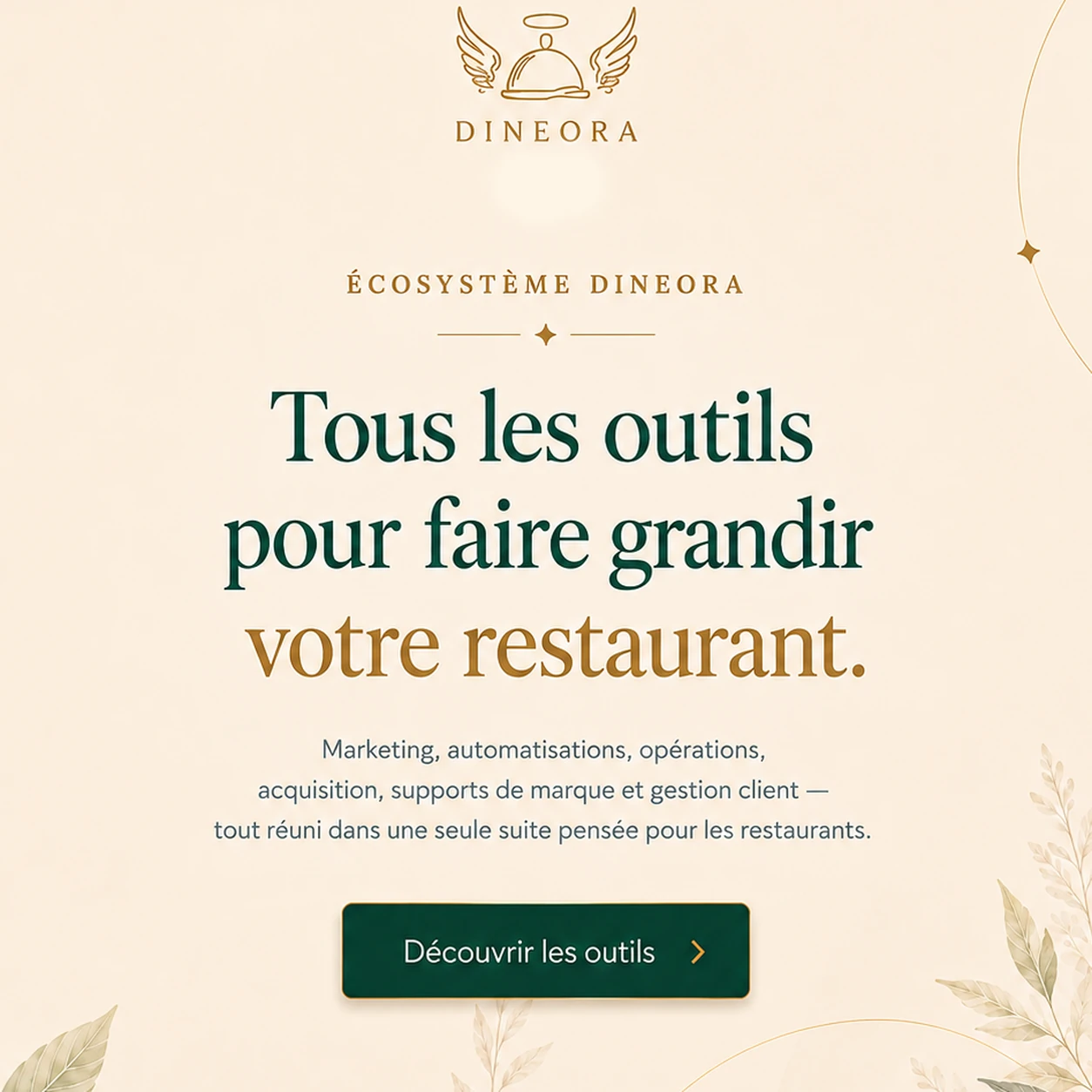 Ecosysteme Dineora : tous les outils pour faire grandir votre restaurant — marketing, automatisations, operations, acquisition, supports de marque et gestion client.
