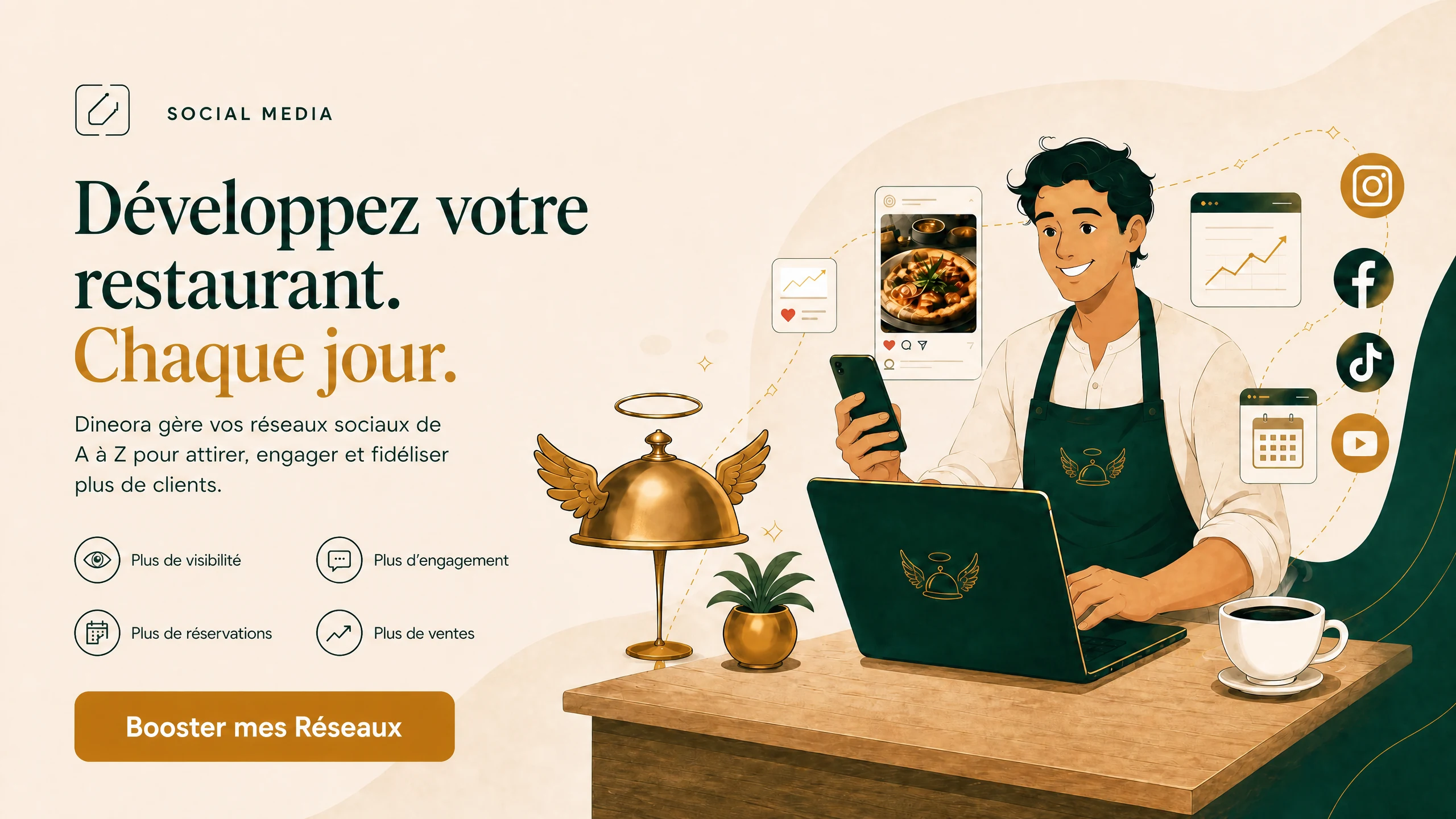 Developpez votre restaurant, chaque jour. Dineora gere vos reseaux sociaux de A a Z pour attirer, engager et fideliser plus de clients : plus de visibilite, plus d engagement, plus de reservations, plus de ventes.