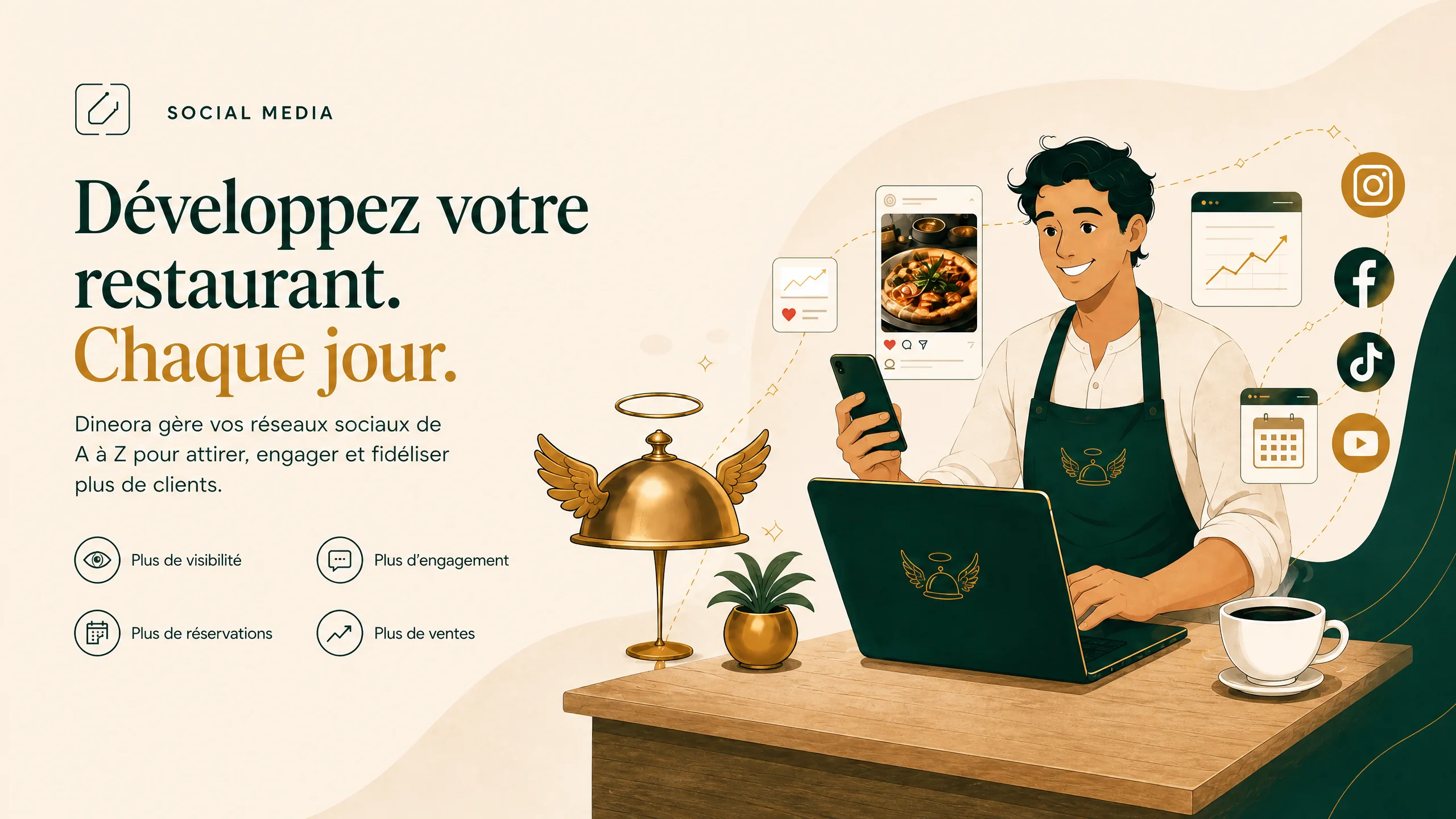 Developpez votre restaurant, chaque jour. Dineora gere vos reseaux sociaux de A a Z pour attirer, engager et fideliser plus de clients : plus de visibilite, plus d engagement, plus de reservations, plus de ventes.