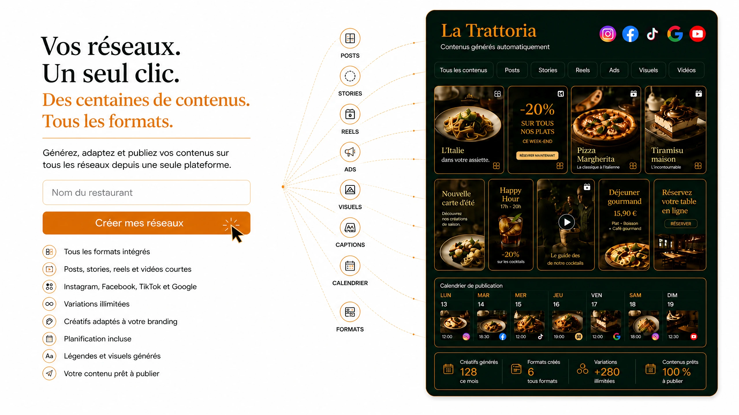 Vos reseaux, un seul clic : des centaines de contenus, tous les formats. Generez, adaptez et publiez vos contenus sur tous les reseaux depuis une seule plateforme — posts, stories, reels, ads, visuels, captions, calendrier et formats.