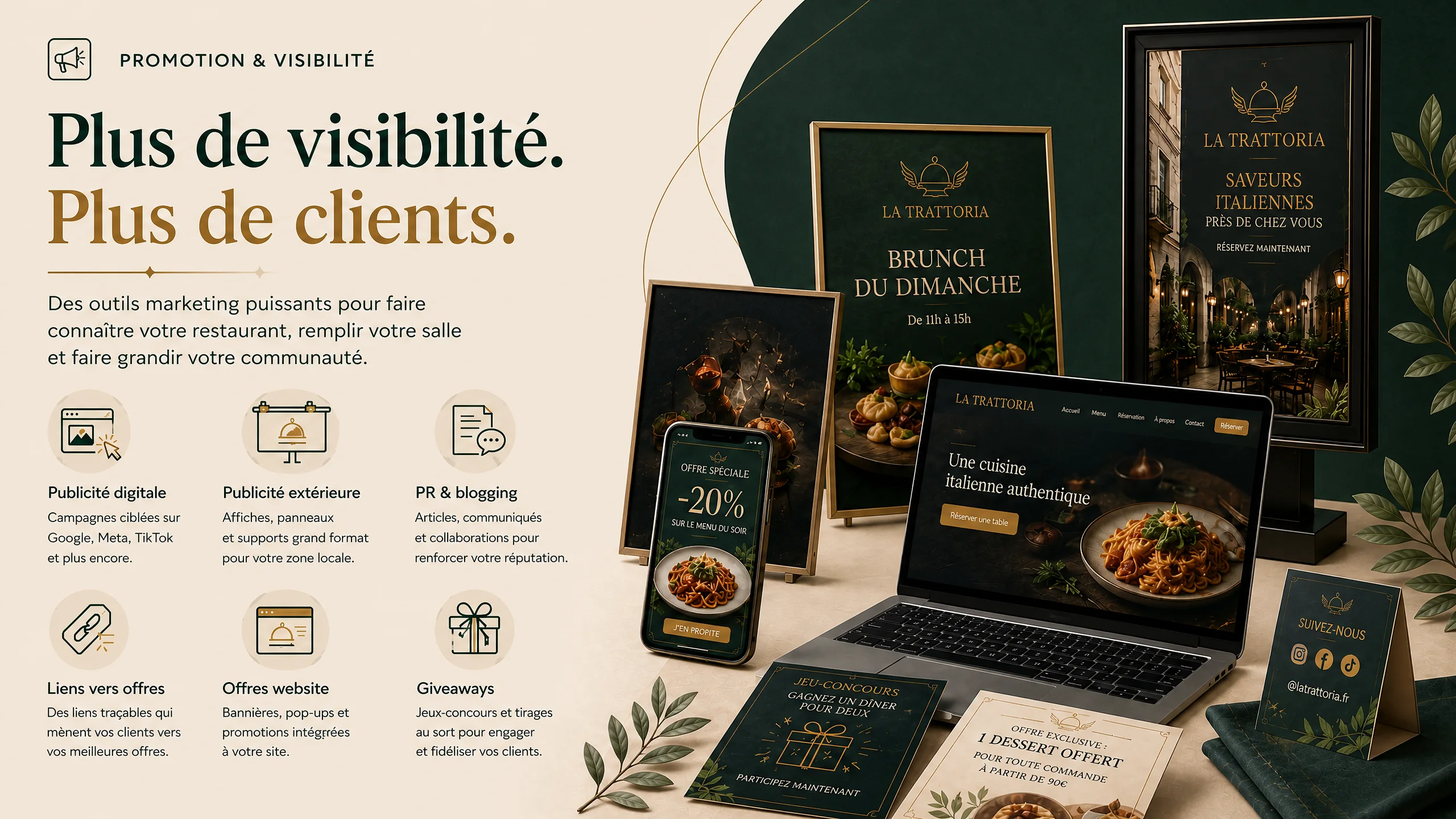 Plus de visibilite, plus de clients. Des outils marketing puissants pour faire connaitre votre restaurant : publicite digitale, publicite exterieure, PR et blogging, liens vers offres, offres website, giveaways.