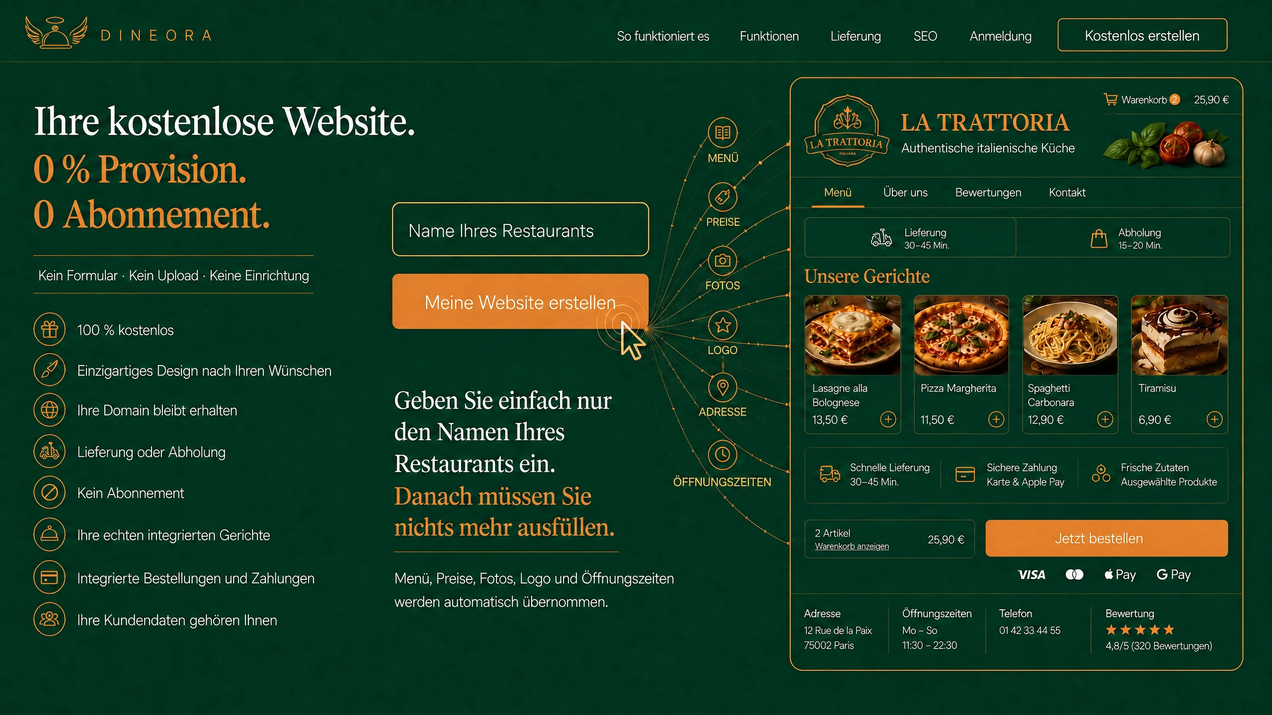 Dineora — Ihre kostenlose Website, 0 % Provision, kein Abo. Sie tippen nur den Namen des Restaurants ein.