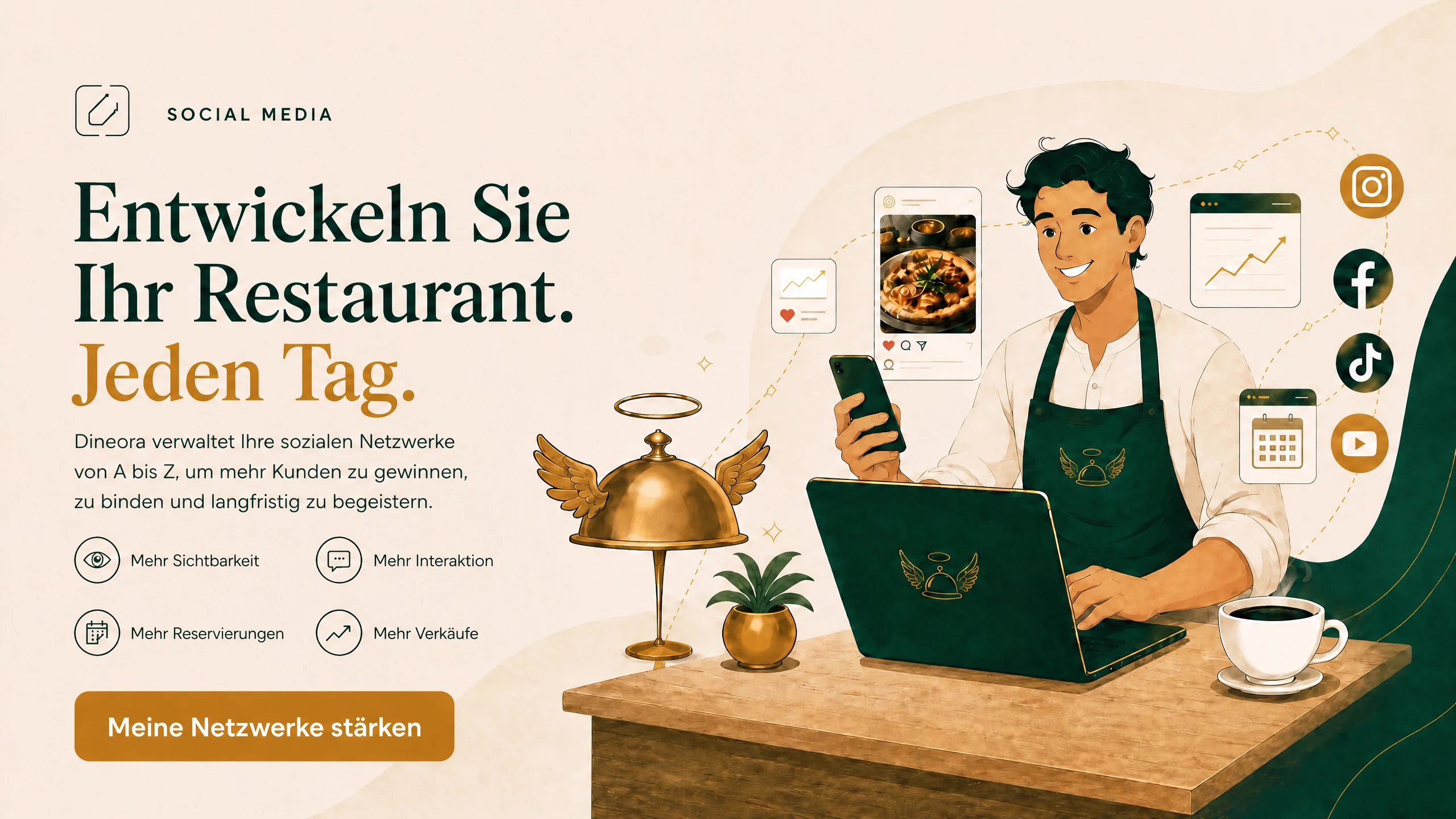 Lassen Sie Ihr Restaurant jeden Tag wachsen. Dineora betreut Ihre sozialen Netzwerke von A bis Z, um mehr Kunden zu gewinnen, zu binden und zu halten: mehr Sichtbarkeit, mehr Engagement, mehr Reservierungen, mehr Umsatz.