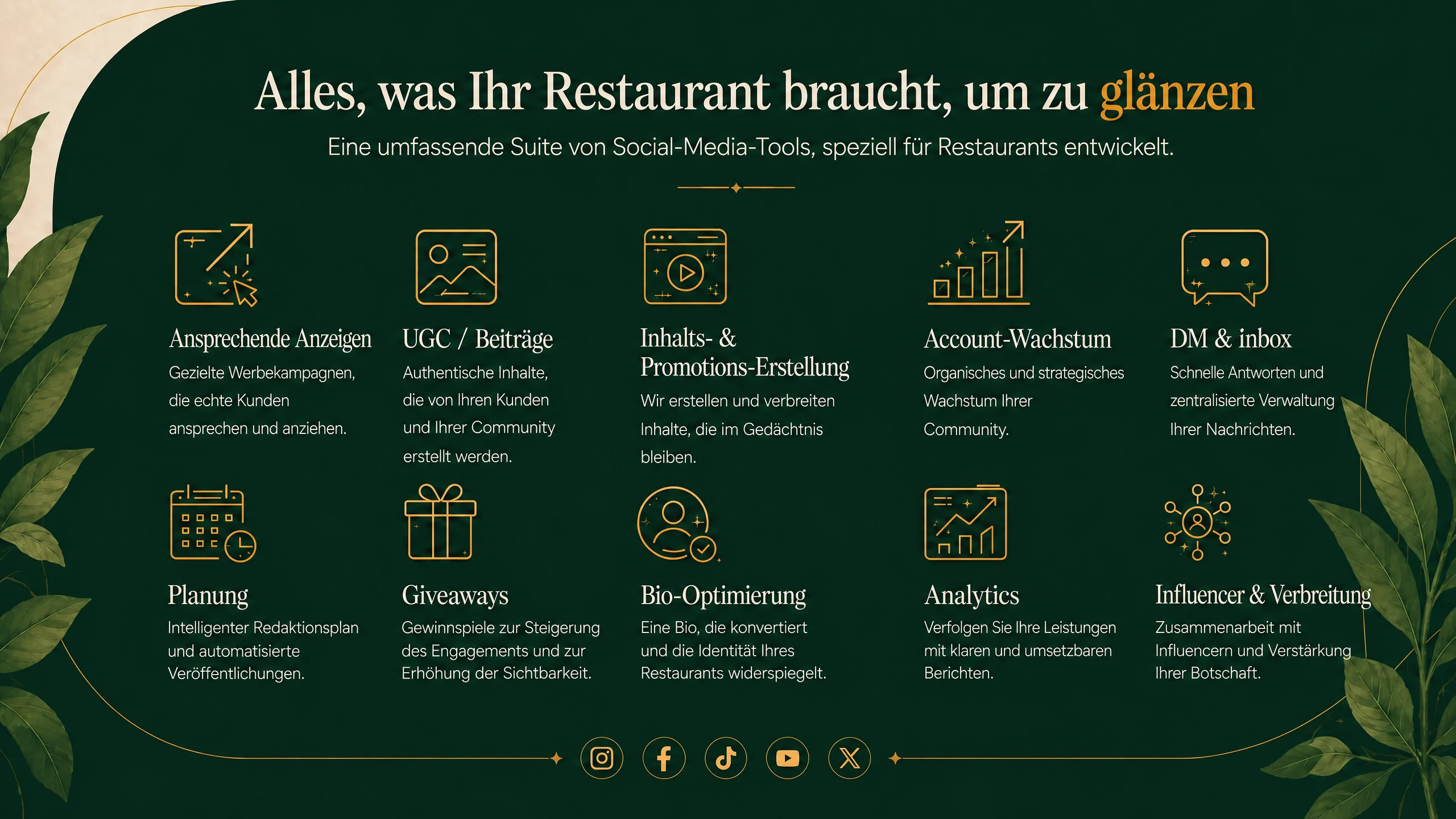 Alles, was Ihr Restaurant zum Glänzen braucht: ansprechende Anzeigen, UGC und Posts, Content-Erstellung und -Promotion, Kontowachstum, DMs und Posteingang, Planung, Gewinnspiele, Bio-Optimierung, Analysen, Influencer und Reichweite.