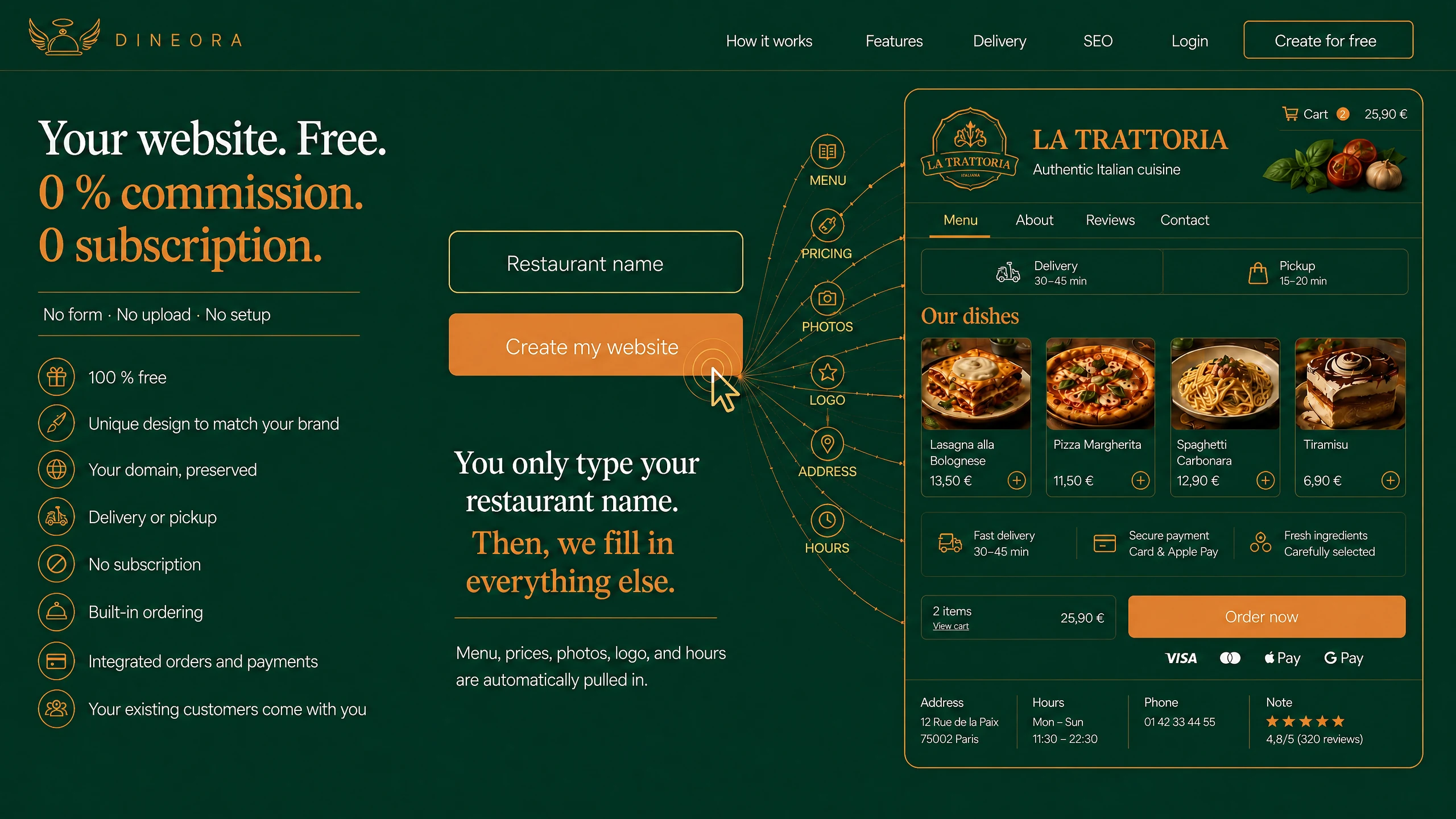 Dineora — Your free website, 0% commission, no subscription. You only type the restaurant’s name.