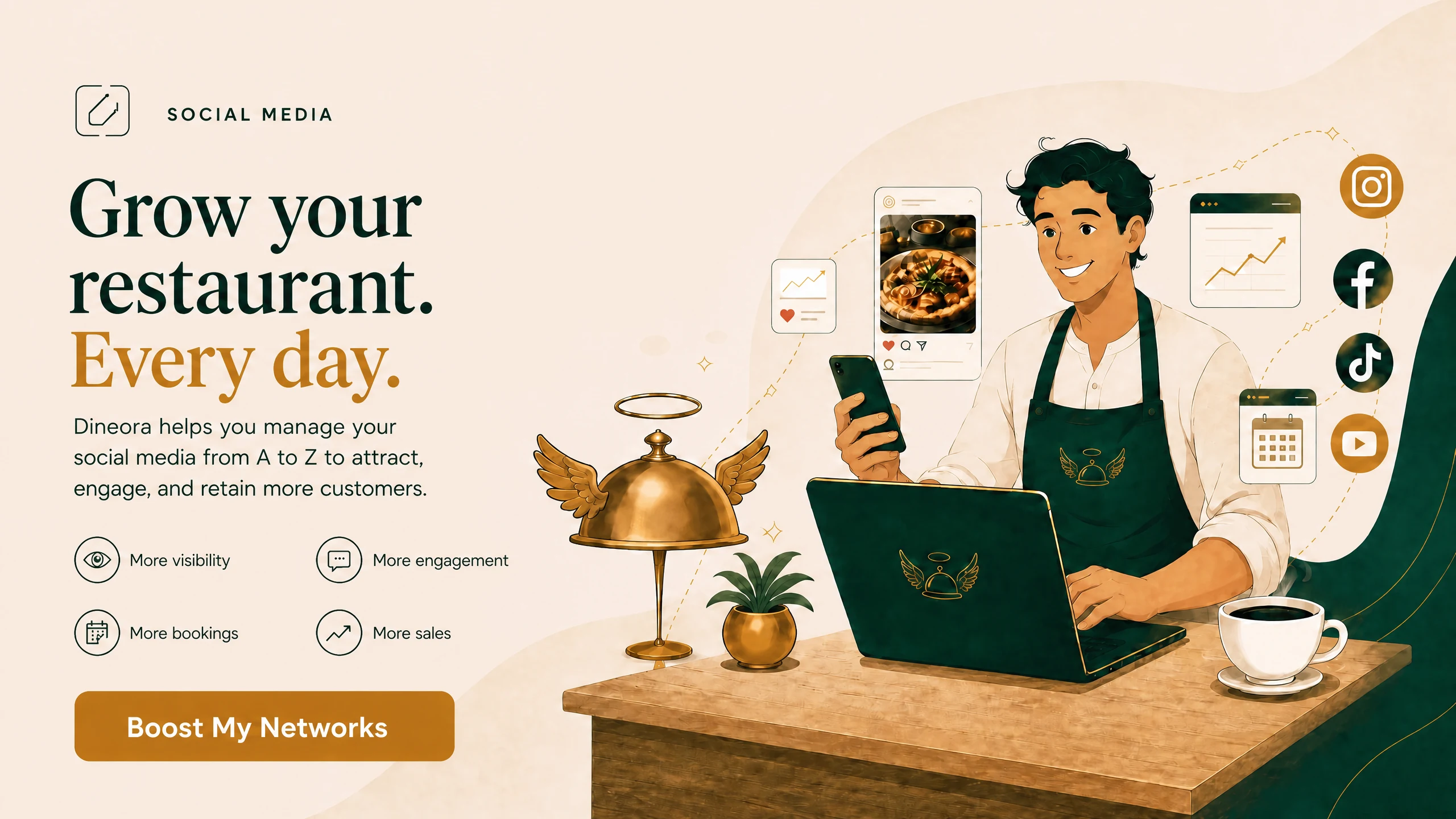 Grow your restaurant, every day. Dineora runs your social media from A to Z to attract, engage and retain more customers: more visibility, more engagement, more bookings, more sales.