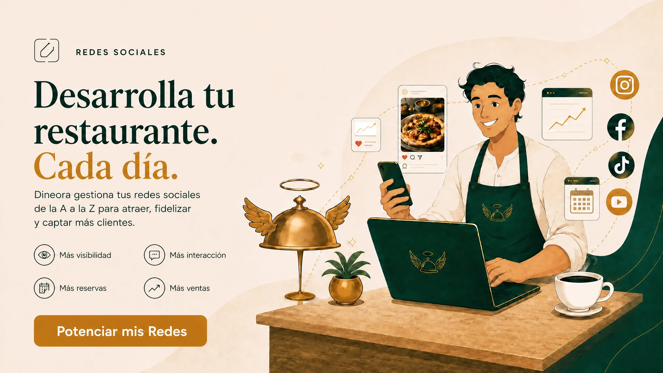 Haz crecer tu restaurante cada día. Dineora gestiona tus redes sociales de la A a la Z para atraer, implicar y fidelizar más clientes: más visibilidad, más interacción, más reservas, más ventas.