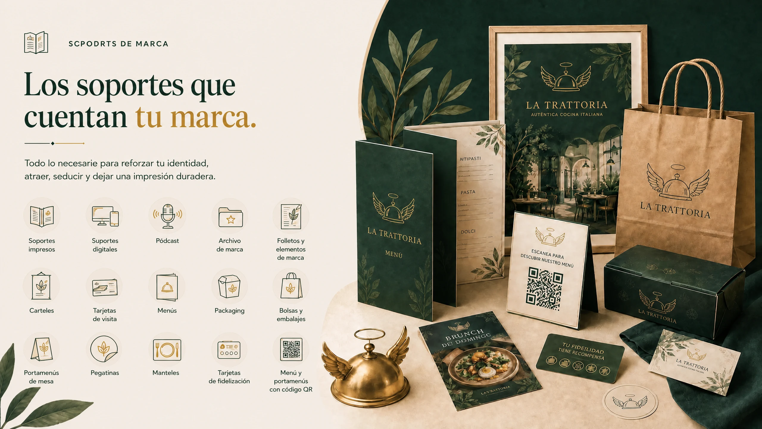 Soportes que cuentan tu marca: soportes impresos y digitales, pódcast, brand vault, flyers, carteles, tarjetas de visita, menús, packaging, bolsas, expositores, pegatinas, manteles individuales, tarjetas de fidelidad y menú QR.