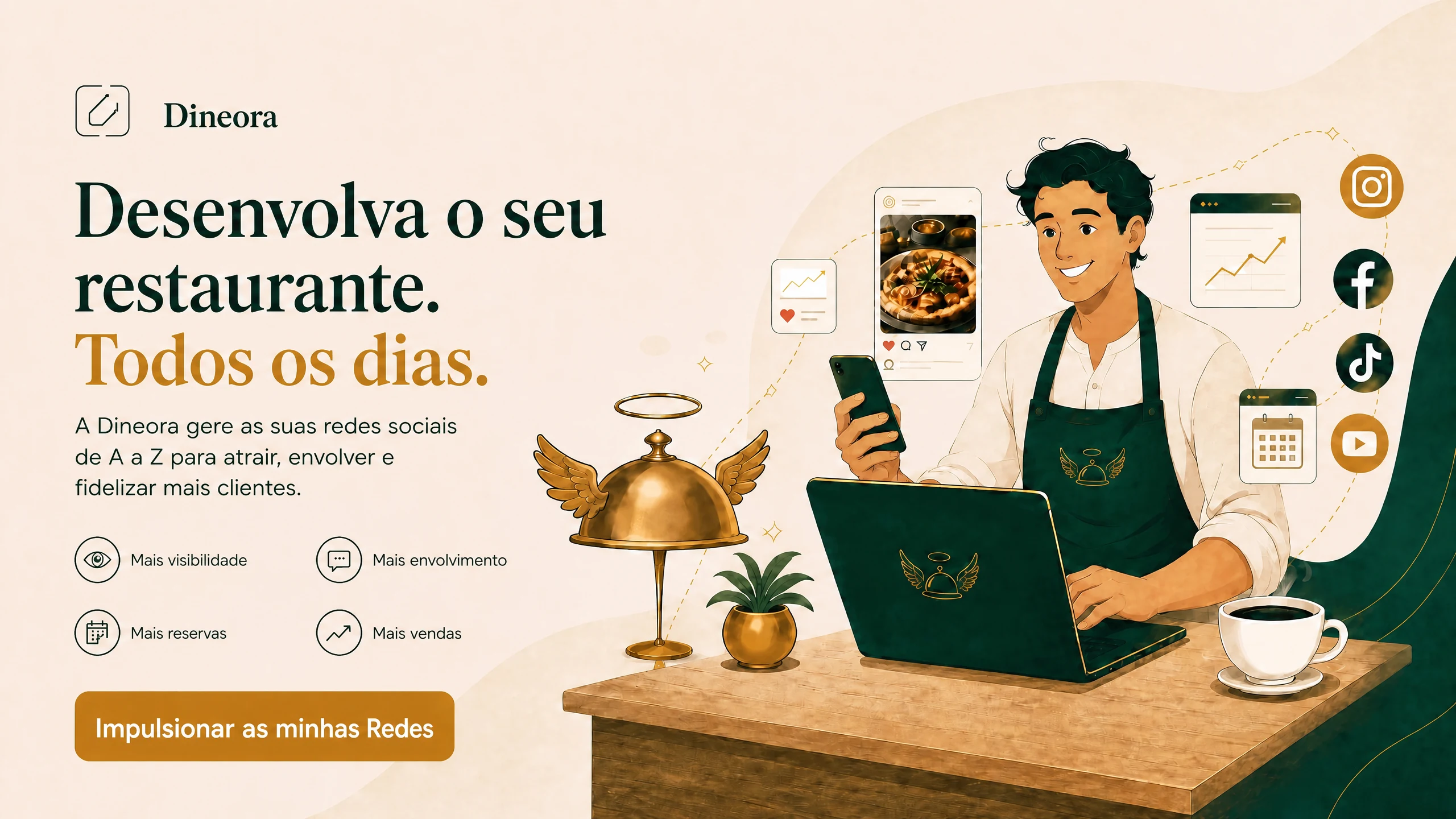 Faça crescer o seu restaurante, todos os dias. A Dineora gere as suas redes sociais de A a Z para atrair, envolver e fidelizar mais clientes: mais visibilidade, mais interação, mais reservas, mais vendas.